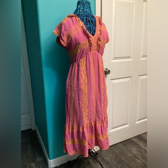 💥PRICE DROP💥 Pink With Yellow Floral Embroidered Boho Midi Dress - Picture 1 of 5